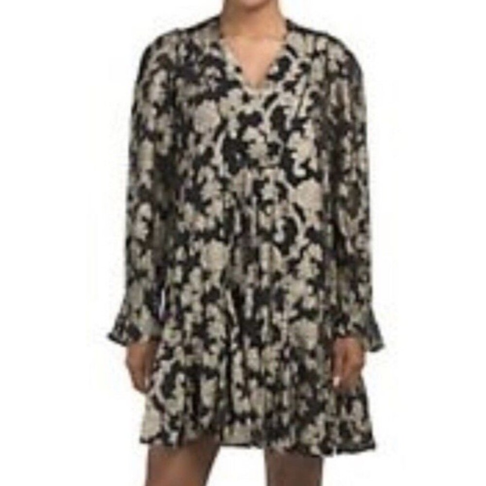 Anthropologie Gold Metallic Foil Tunic Dress Long‎ Sleeve Evening Holiday Sz S